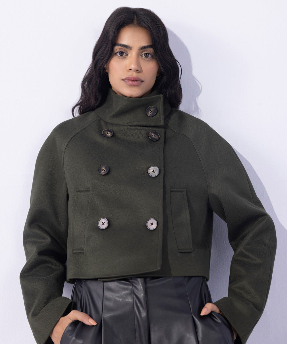 Woman - Green Cropped Double-Breasted Coat