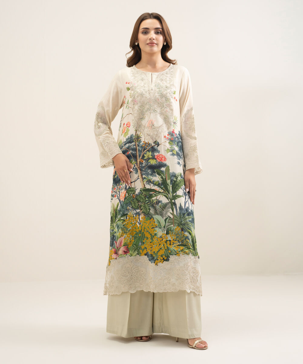 Women's RTW Viscose Raw Silk Embroidered Multi 2 Piece Suit