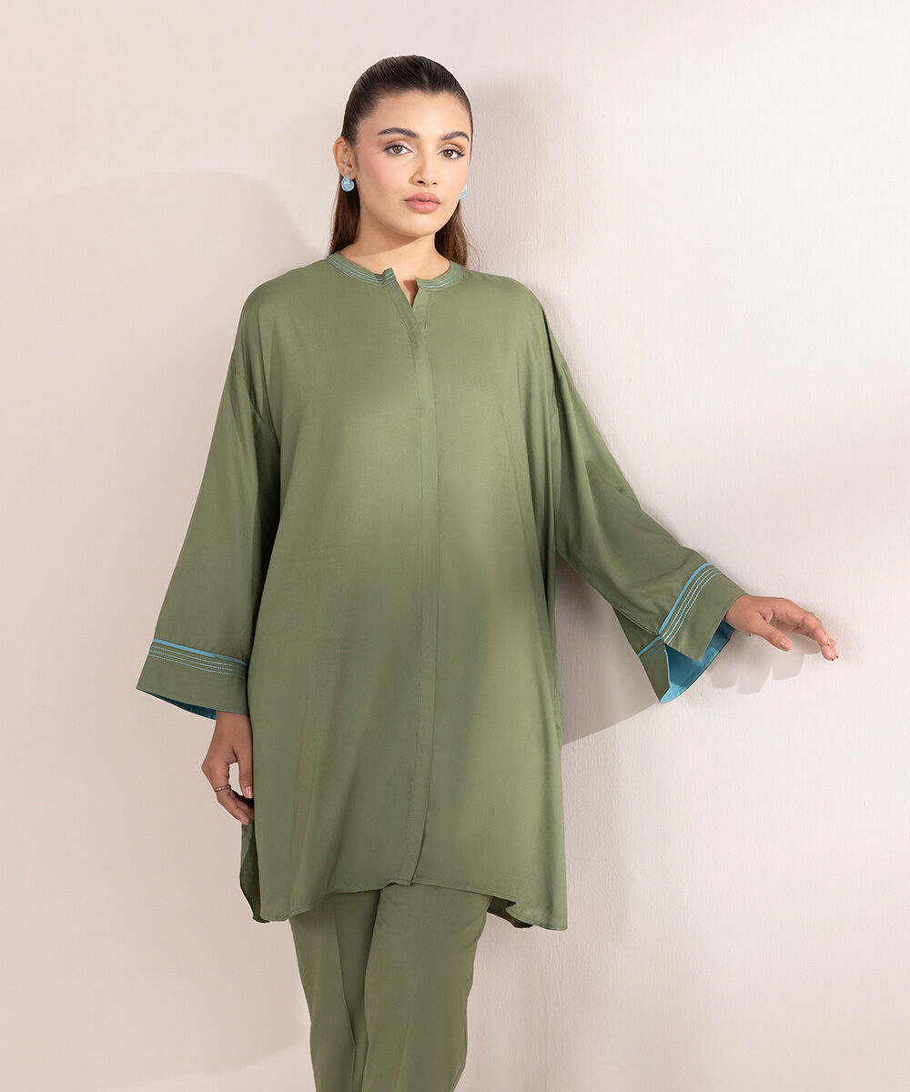 Woman - Green Solid Arabic Lawn Shirt