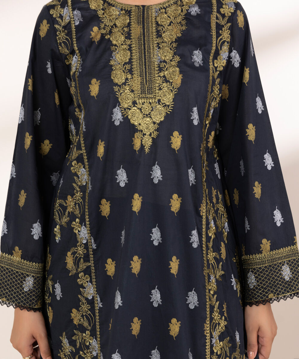 Women's RTW Lawn Black Embroidered A-Line Shirt
