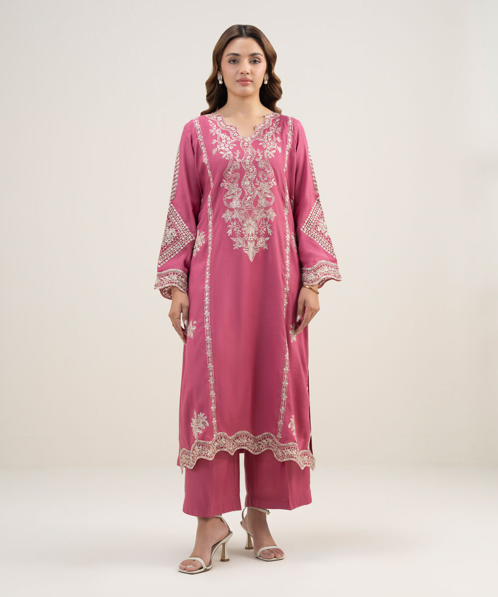 Women's RTW Viscose Raw Silk Embroidered Pink 2 Piece Suit