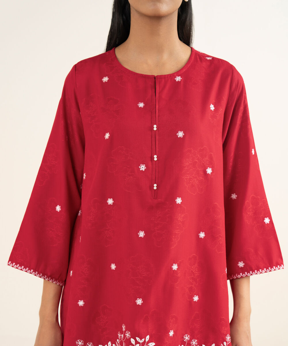 Women's RTW Jacquard Embroidered Red Straight Shirt