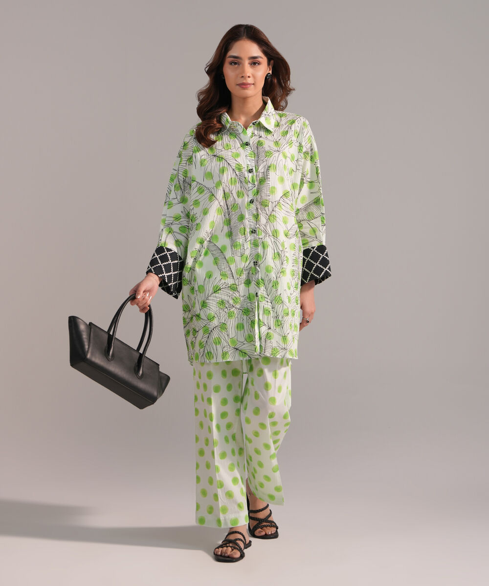 Women's RTW Seersucker Printed Green Drop Shoulder Shirt