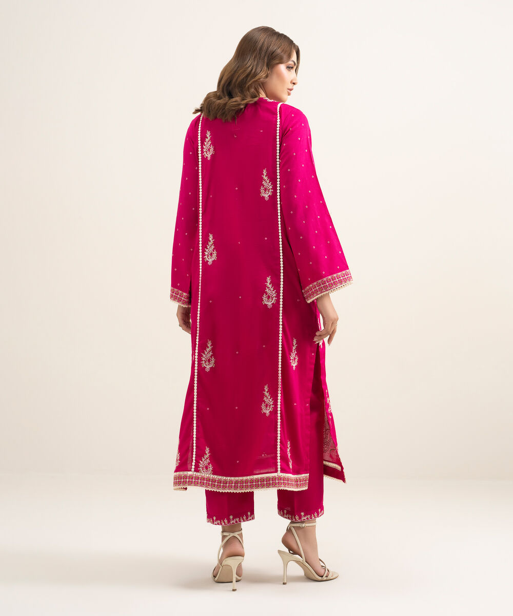 Women's RTW Dobby Embroidered Pink A-Line Shirt