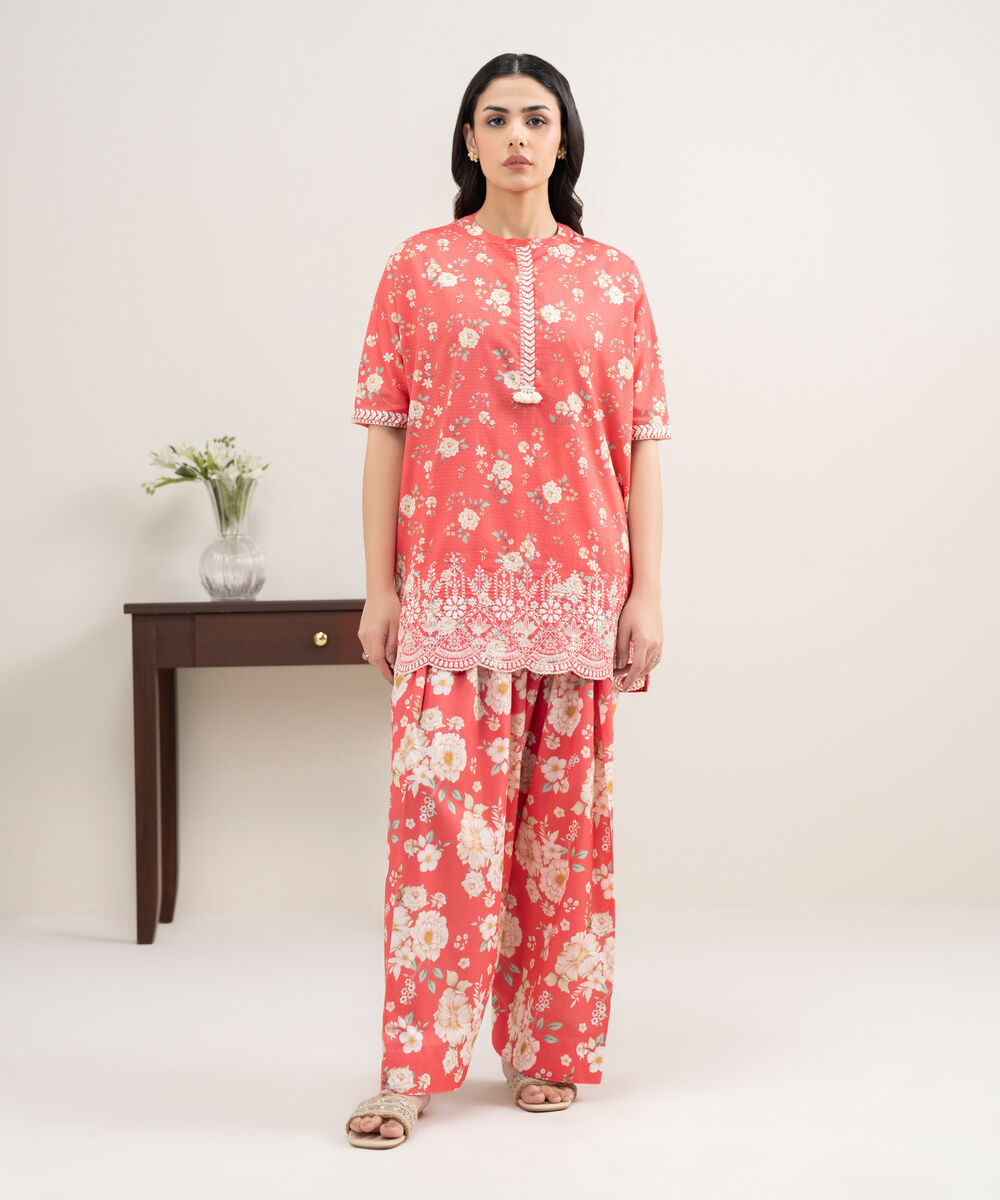 Women's RTW Dobby Embroidered Pink Straight Shirt