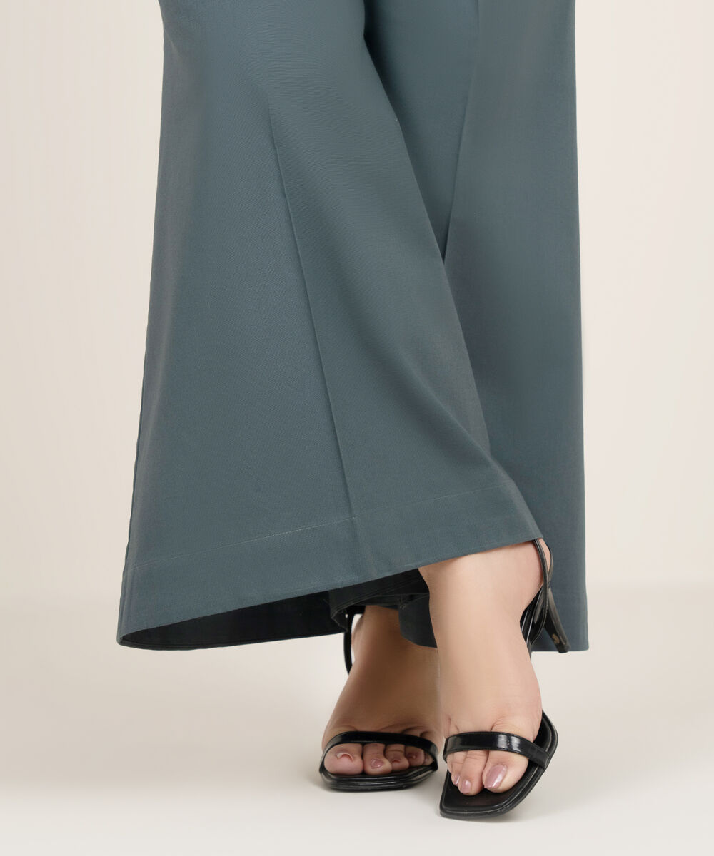 Women's RTW Cambric Solid Green Flared Pants