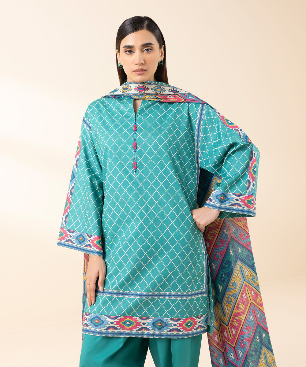 Women's Unstitched Lawn Printed Blue 3 Piece Suit