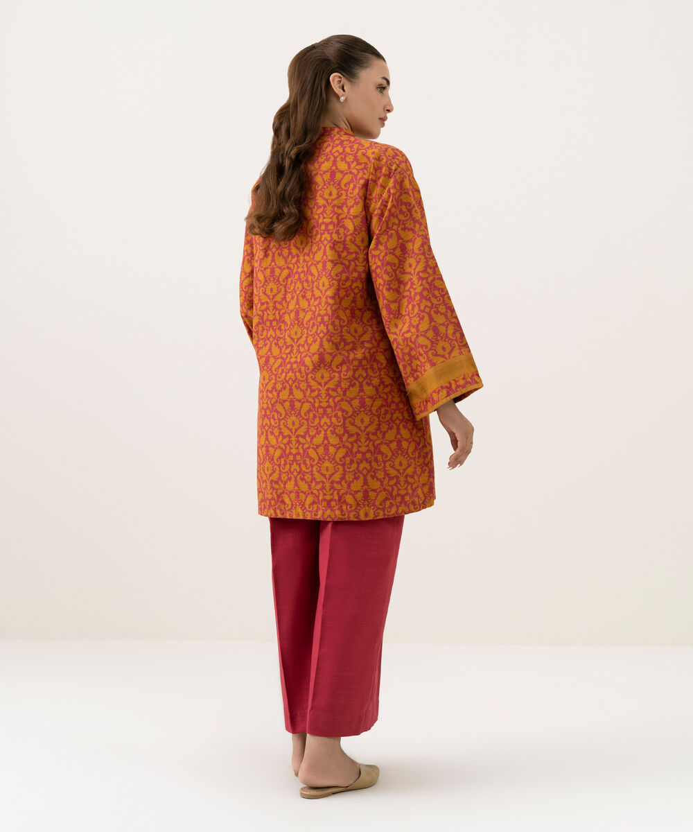 Women's Unstitched Cotton Printed Orange 2 Piece Suit
