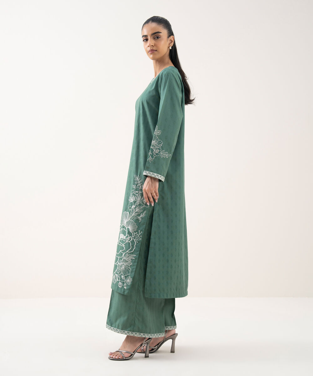 Women's RTW Cotton Jacquard Embroidered Green A-Line Shirt