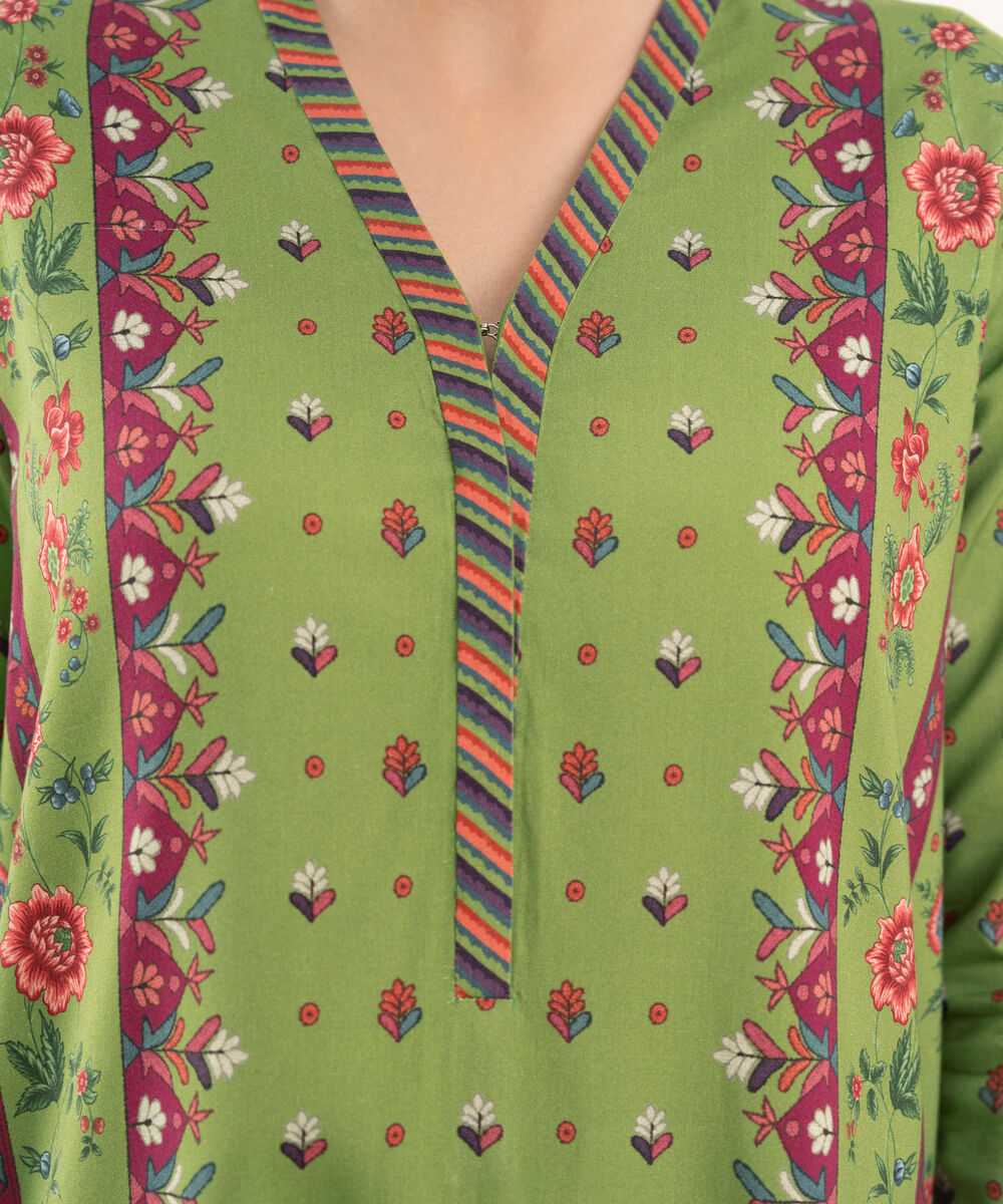 Women's Unstitched Cotton Printed Green 2 Piece Suit