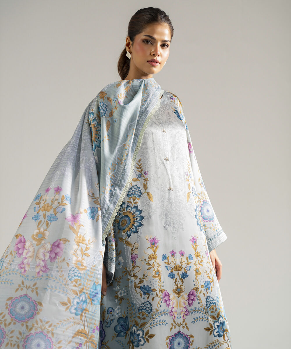 Women's RTW Blended Satin Printed Grey 3 Piece Suit