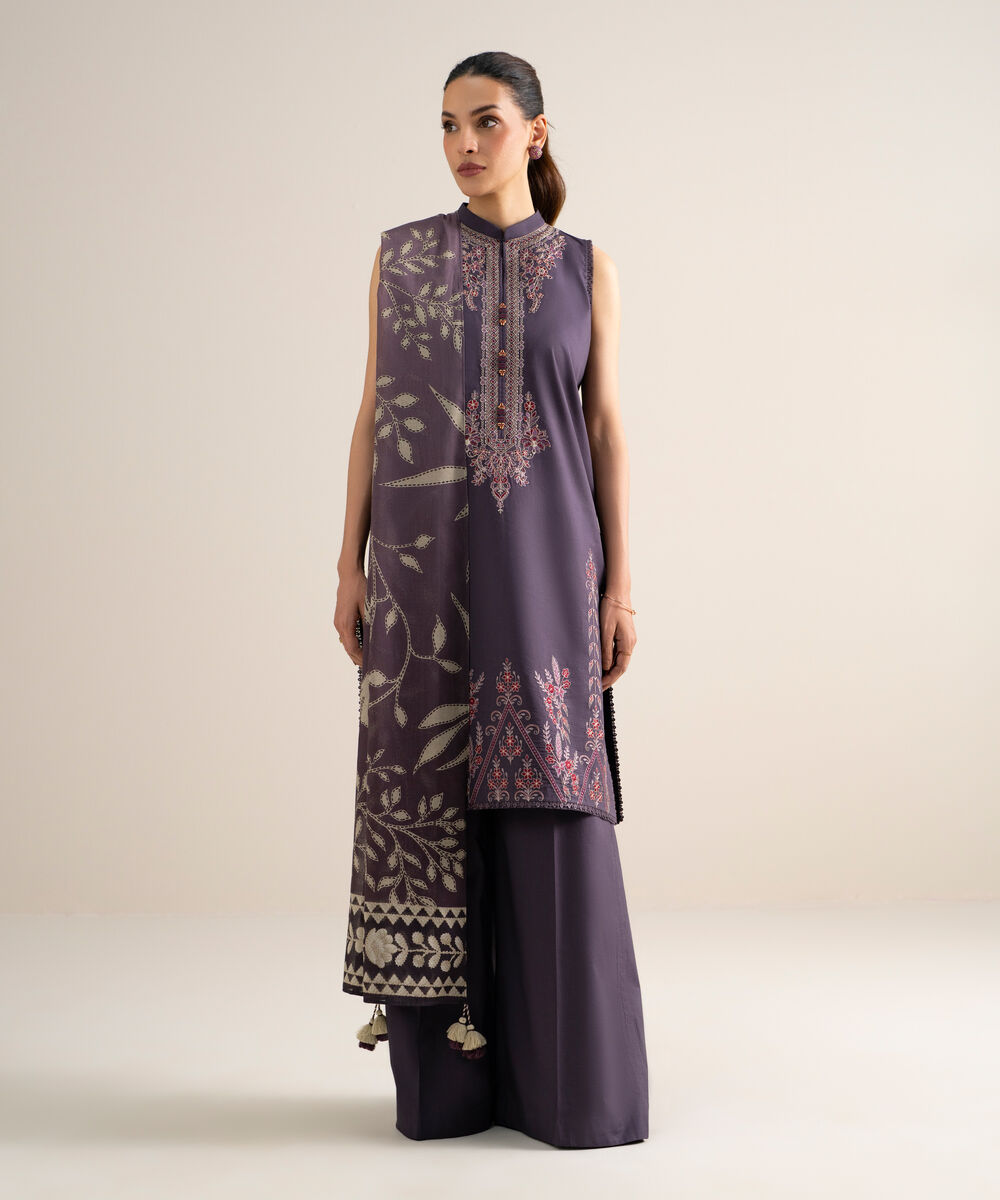 Women's Unstitched Lawn Embroidered Dull Purple  3 Piece Suit