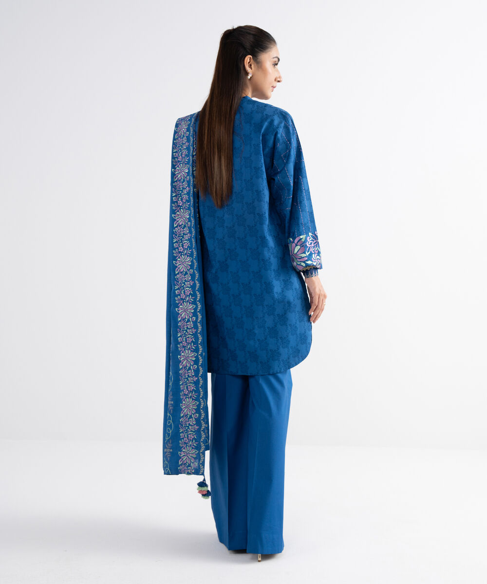 Women's Unstitched Cotton Jacquard Embroidered Blue 3 Piece Suit