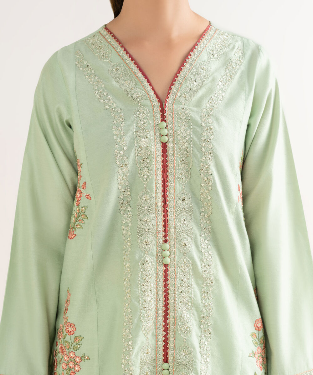 Women's RTW Silk Cotton Net Embroidered A-Line Green Shirt