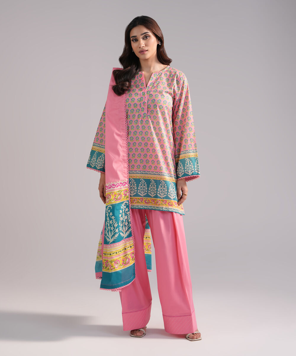 Women's RTW Lawn Printed Pink 3 Piece Suit