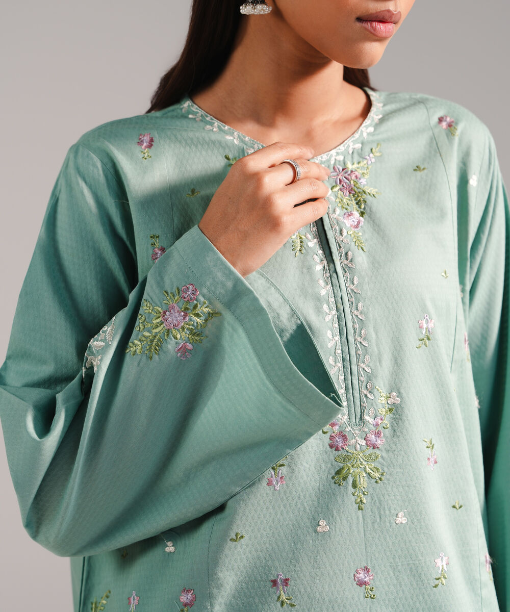 Women's RTW Dobby Embroidered Green 3 Piece Suit