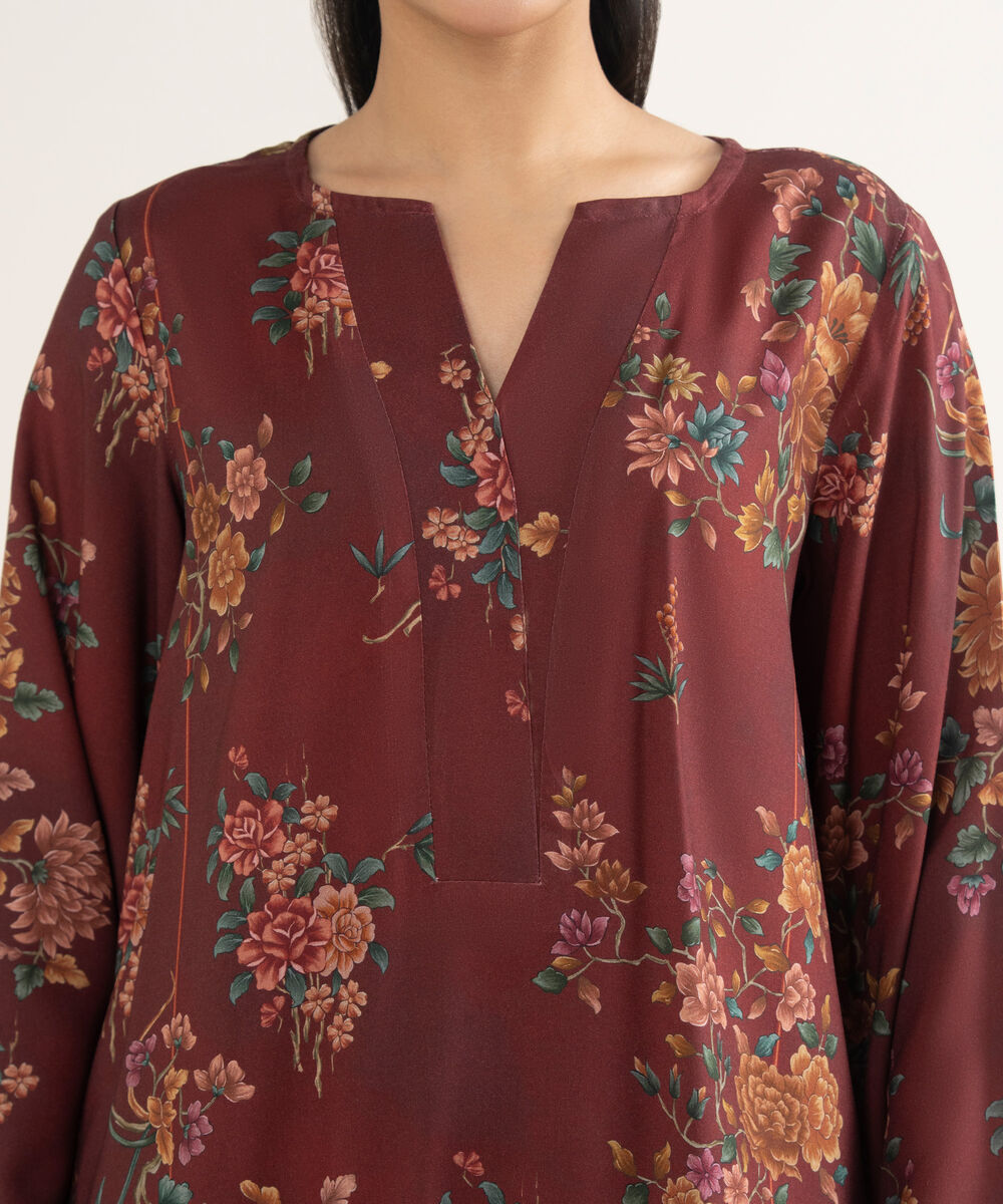 Women's RTW Linen Printed Maroon 2 Piece Suit