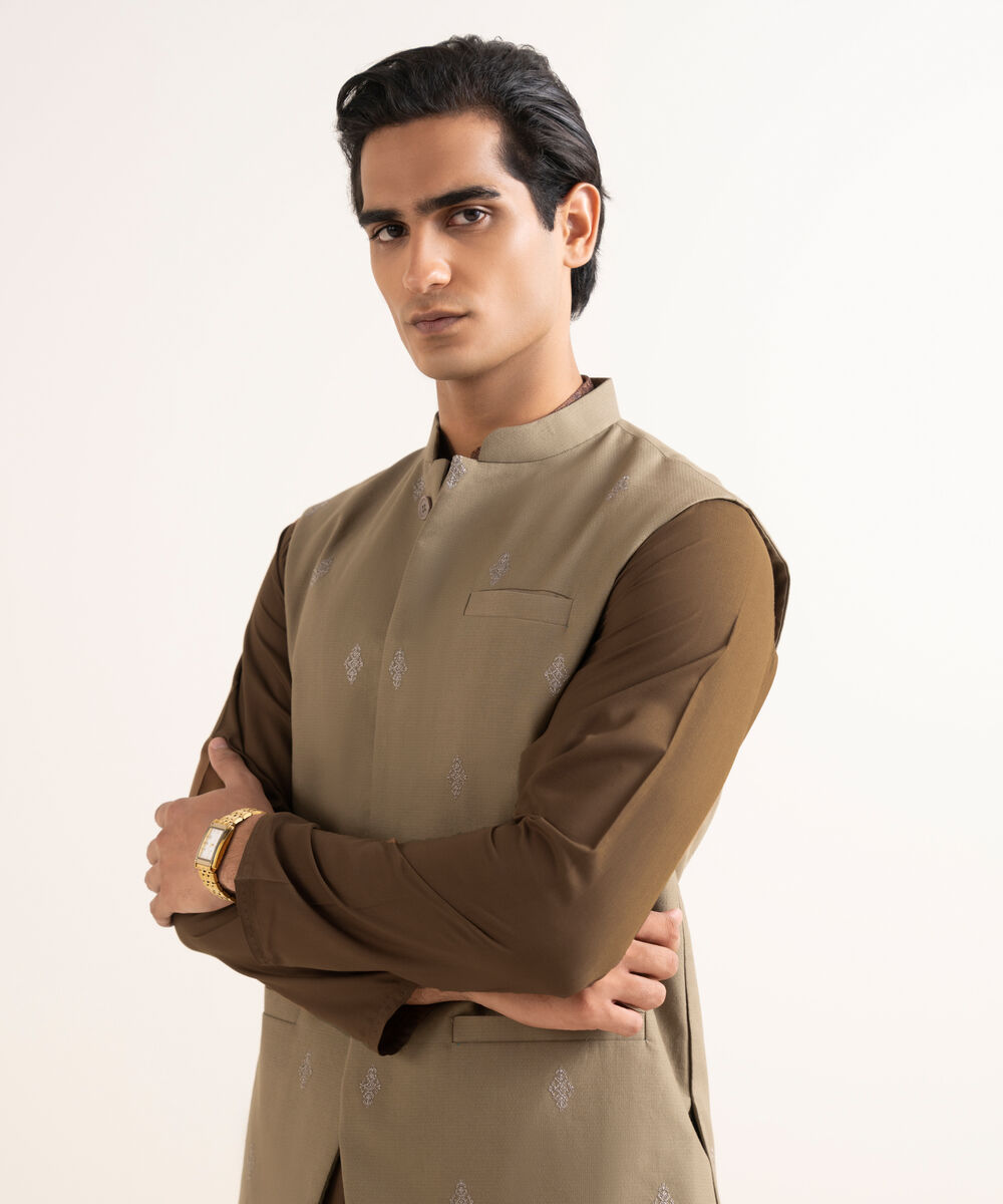 Men's Stitched Premium Cotton Beige Waistcoat