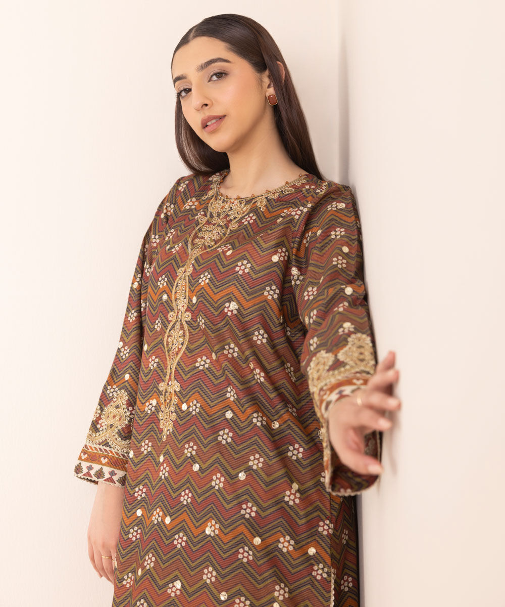 Woman - Brown Embroidered Zari Lawn Shirt