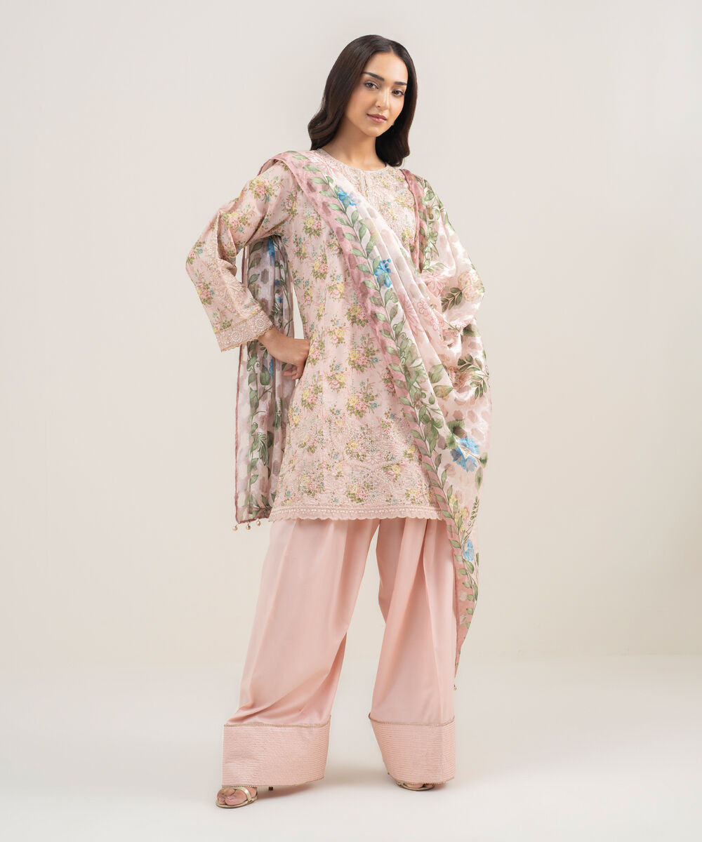 Women's RTW Zari Lawn Embroidered Pink 3 Piece Suit
