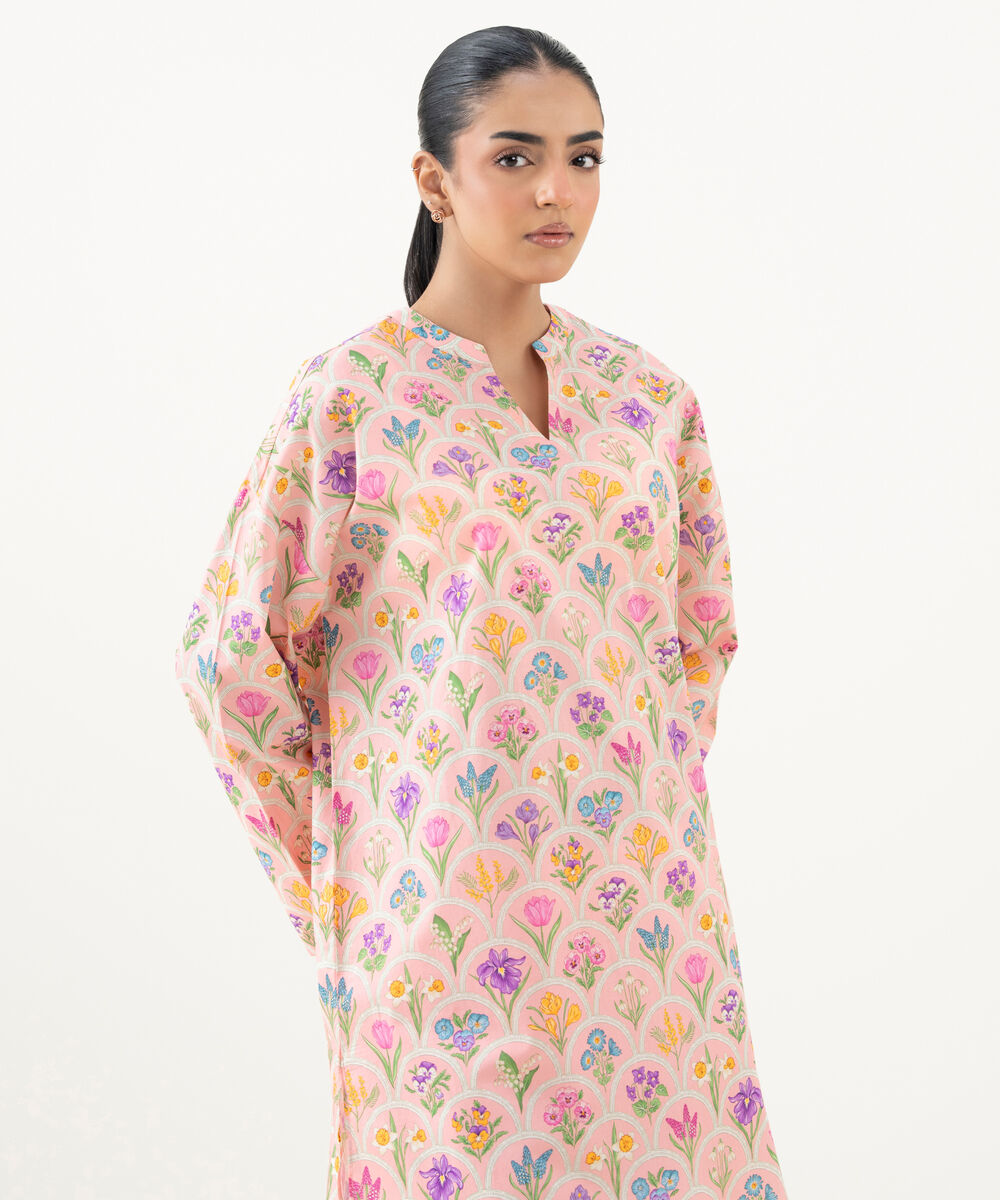 Women's RTW Cambric Printed Pink Drop Shoulder Shirt