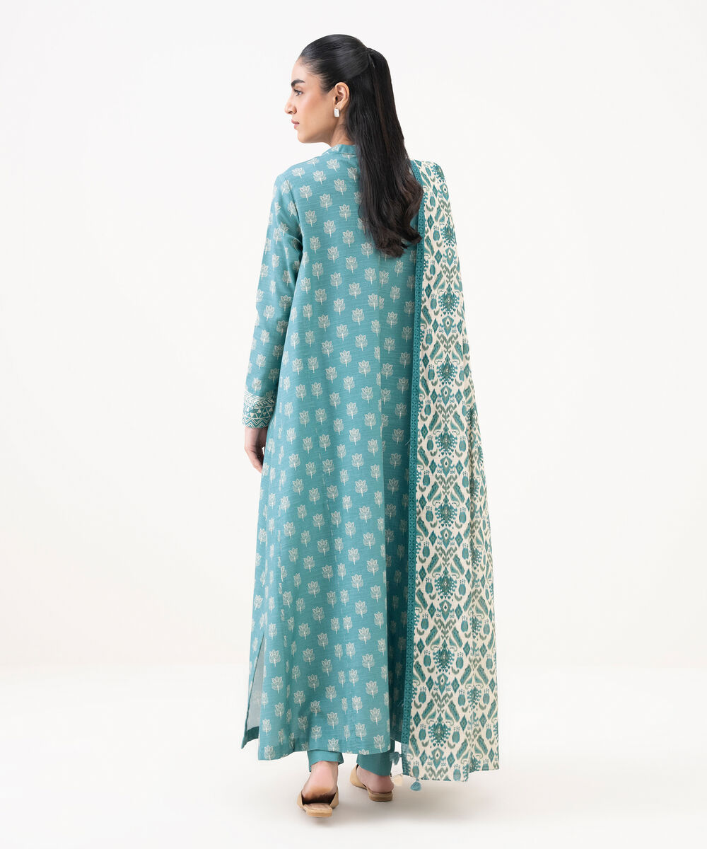 Women's Unstitched Khaddar Printed Blue 3 Piece Suit