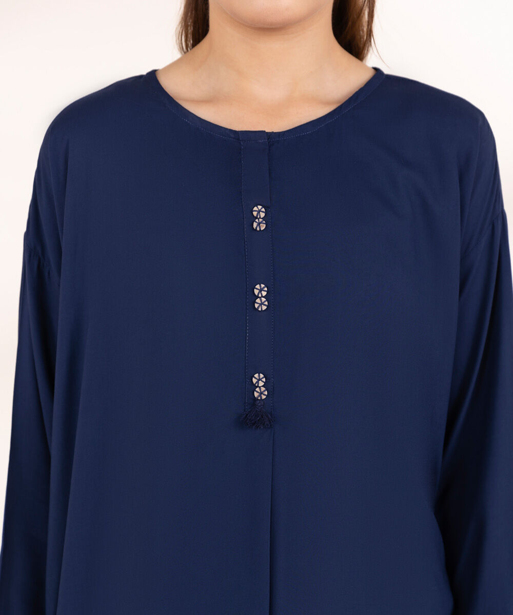 Woman - Blue Solid Arabic Lawn Shirt