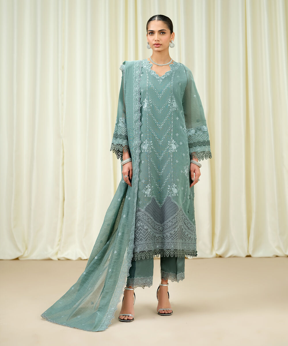 Women's Unstitched Muslin Embroidered Green 3 Piece Suit