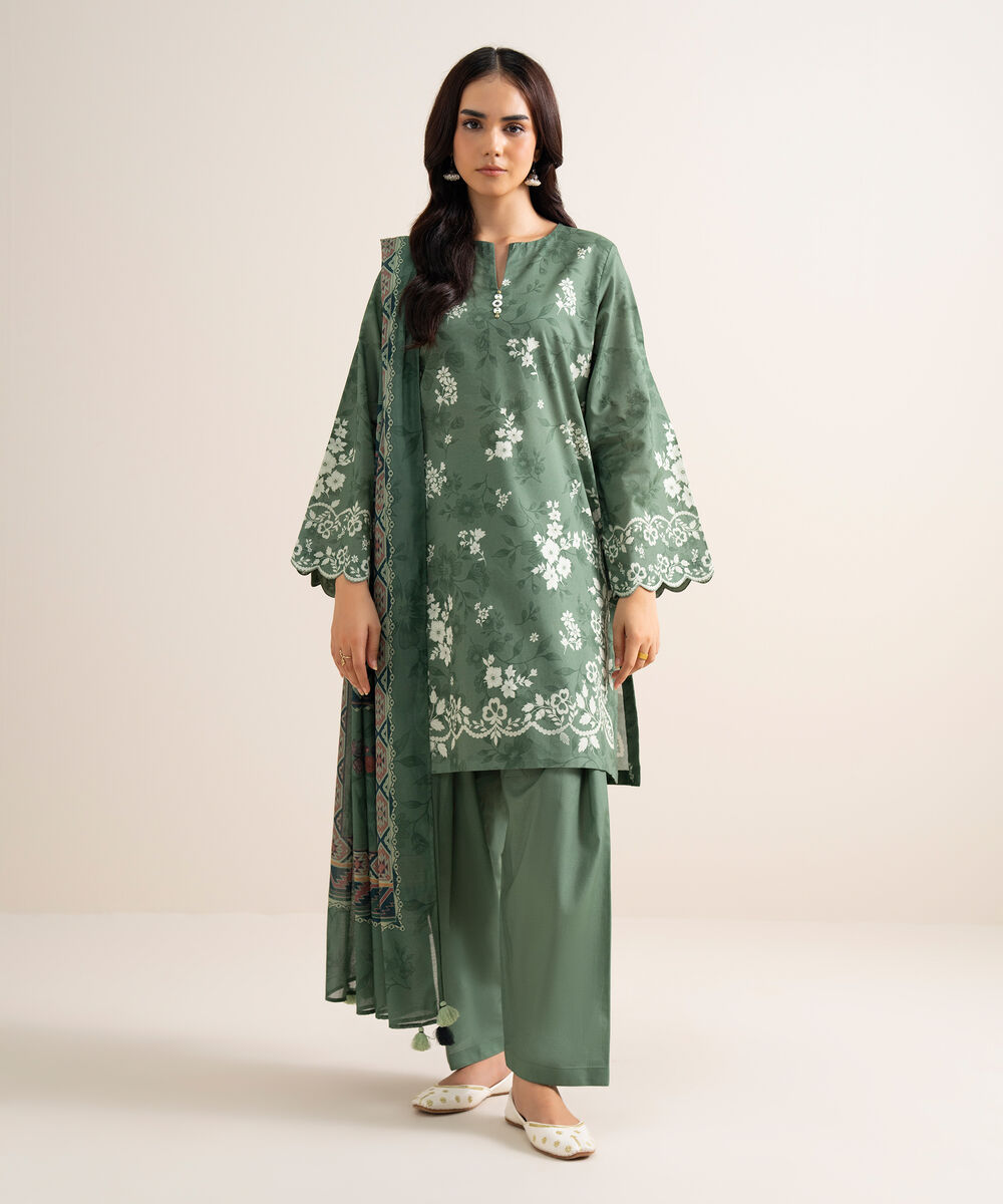Women's Unstitched Printed Lawn Green 3 Piece Suit