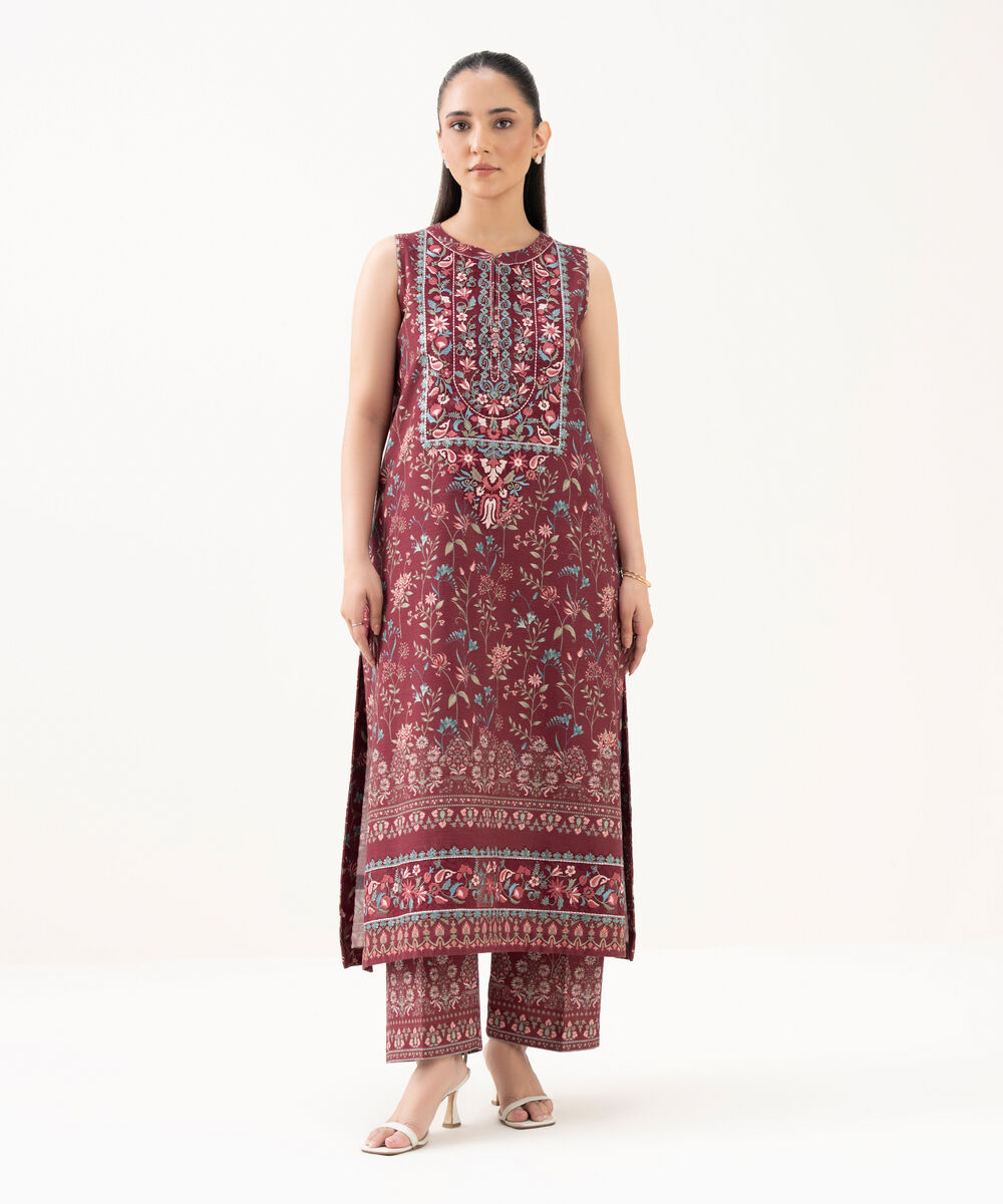 Women's Unstitched Khaddar Embroidered Red 2 Piece Suit