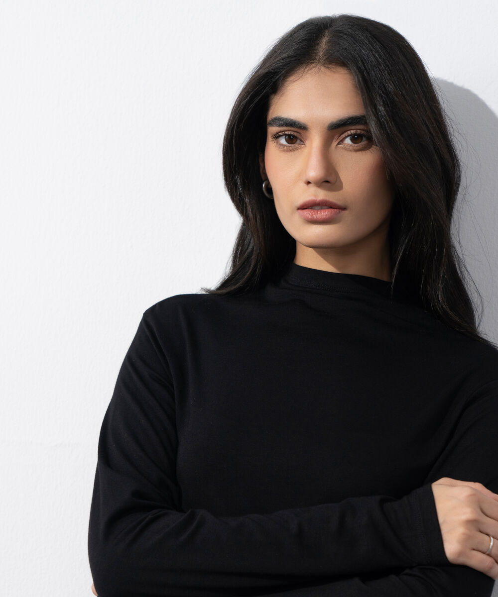 Women's Western Wear Black High Neck Fitted Top