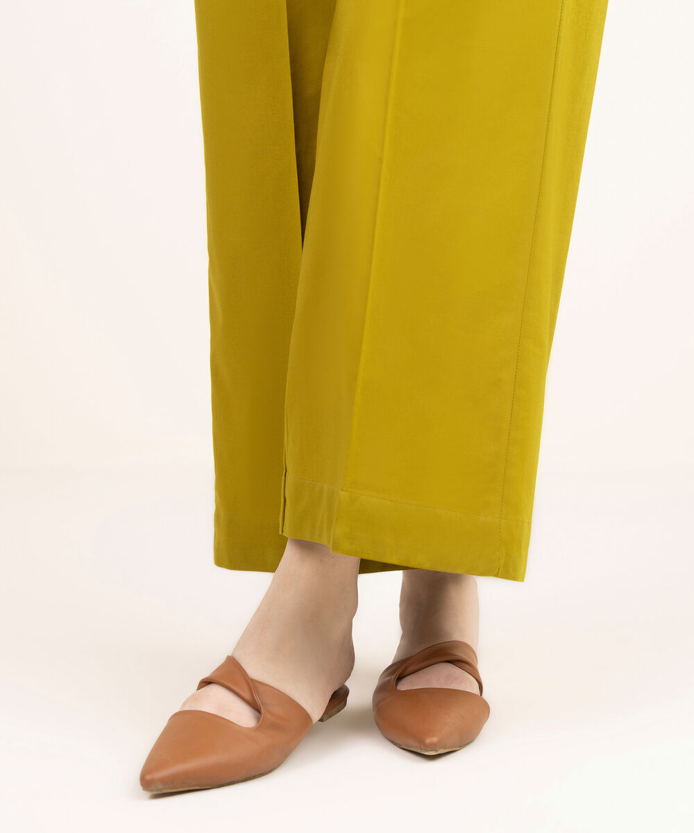 Women's RTW Cambric Solid Green Flared Pants