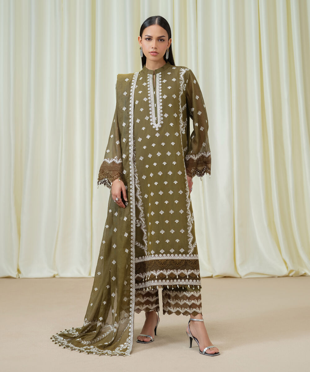 Women's Unstitched Blended Muslin Embroidered Green 3 Piece Suit