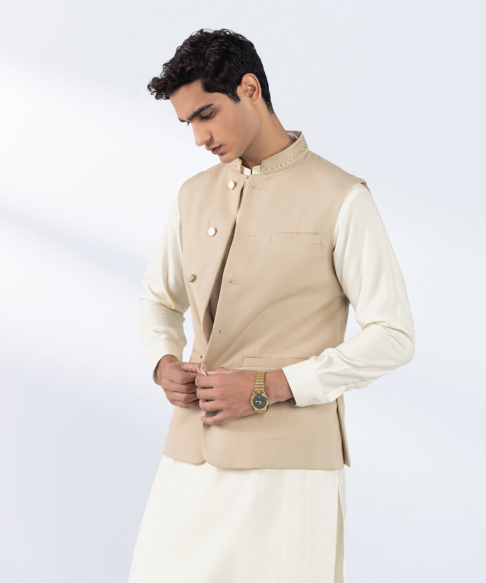 Men's Stitched Embroidered Beige Premium Wash & Wear Waistcoat