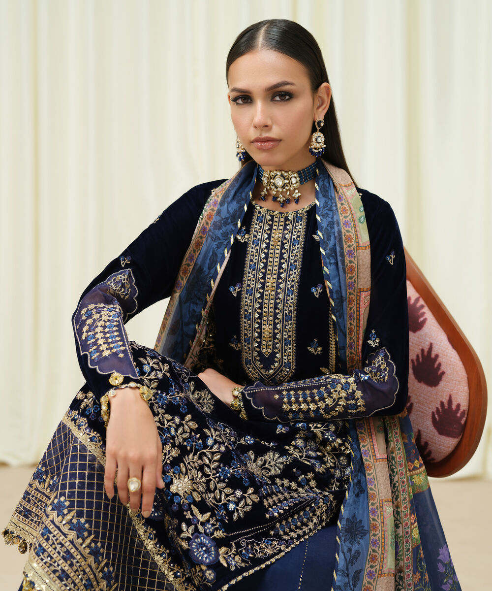 Women's Unstitched Velvet Embroidered Blue 3 Piece Suit