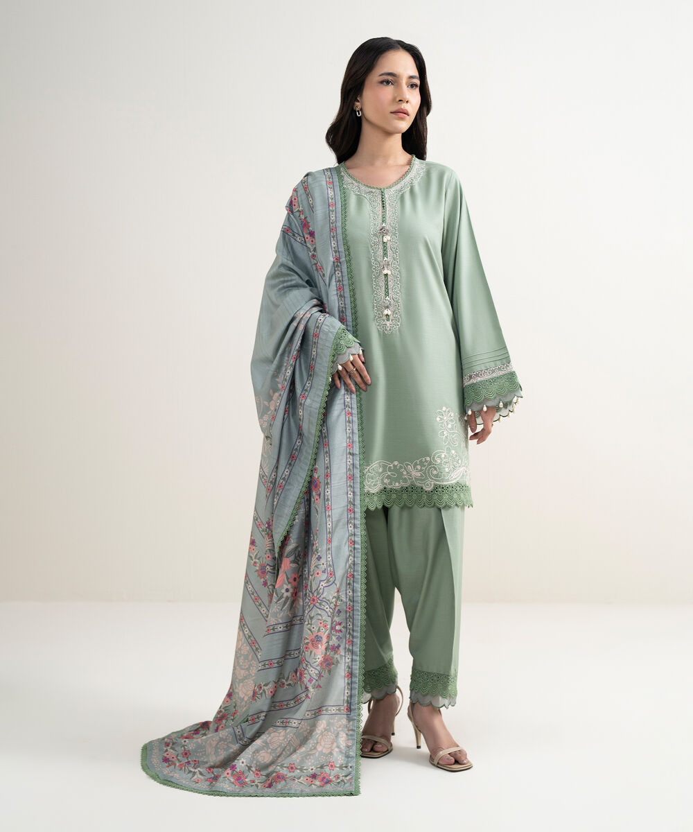 Women's RTW Raw Silk Viscose Embroidered Green 3 Piece Suit