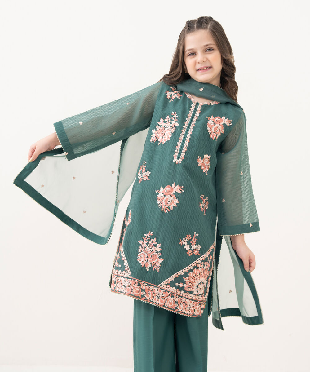 Girl's Blended Textured Karandi Embroidered Green Three Piece Suit