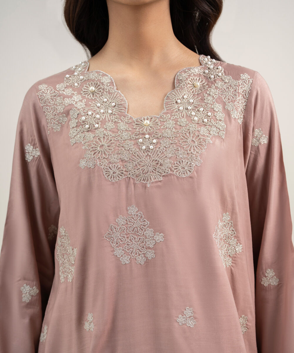 Women's RTW Viscose Raw Silk Embroidered Mauve 3 Piece Suit