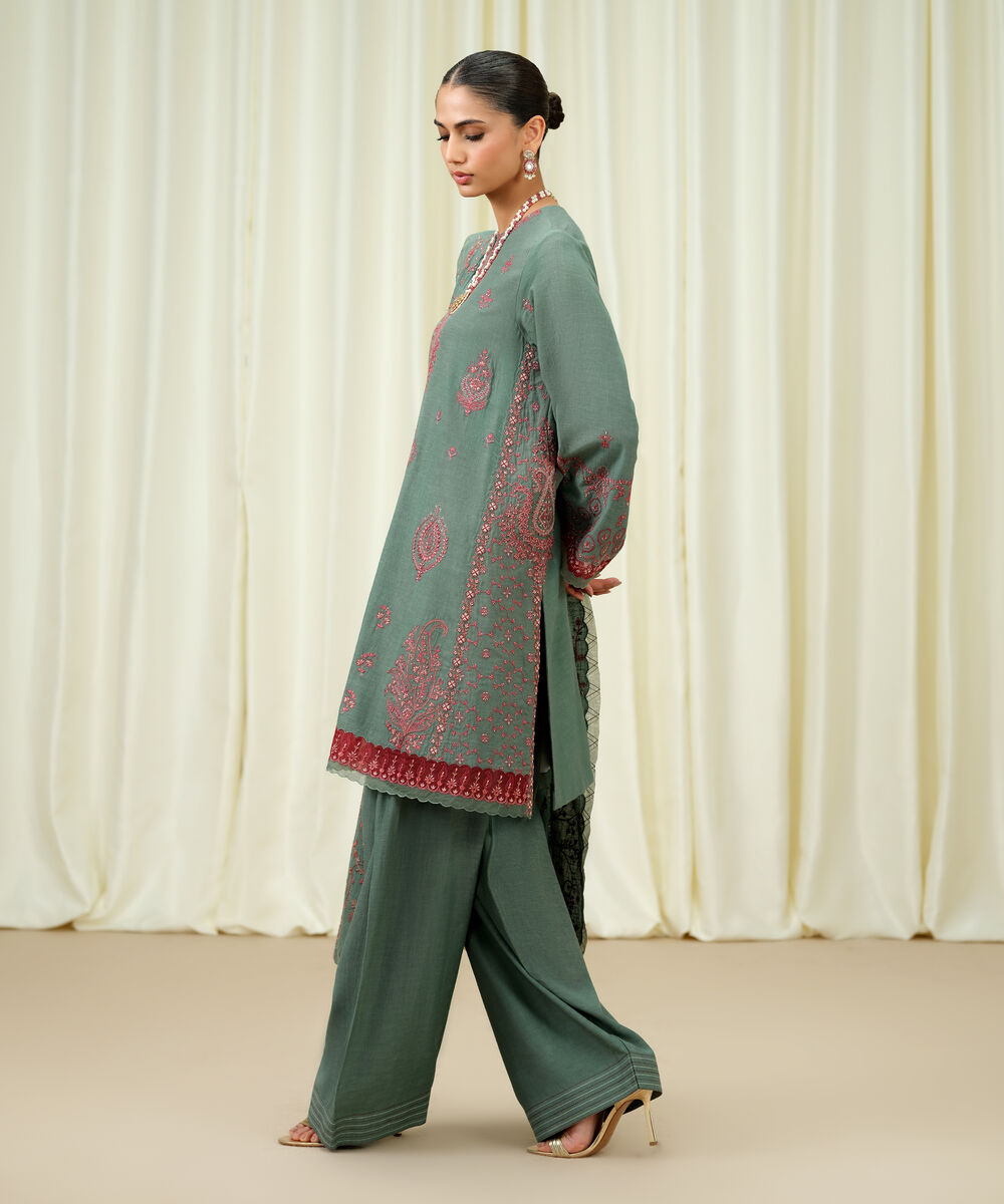 Women's Unstitched Viscose Karandi Embroidered Green 3 Piece Suit