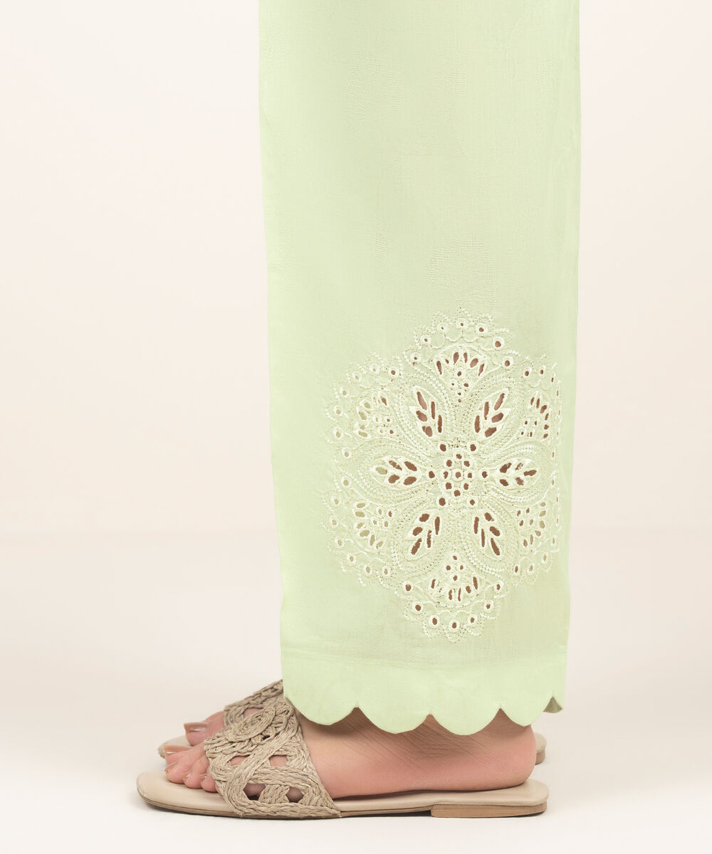 Women's RTW Self Jacquard Embroidered Green Straight Pants