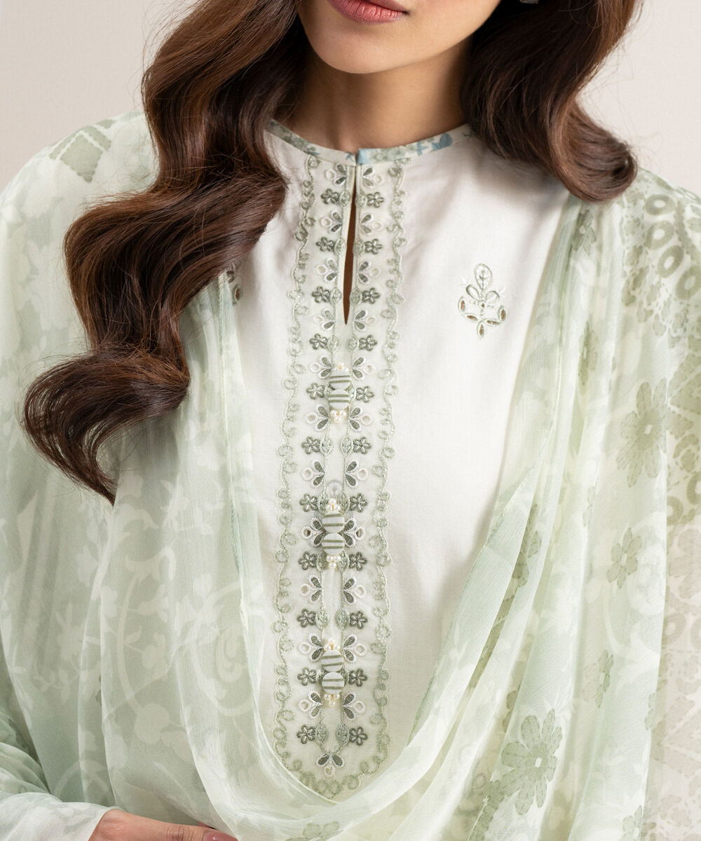 Women's Unstitched Lawn Embroidered Off White 3 Piece Suit