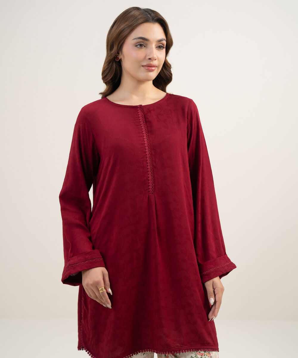 Women's RTW Arabic Self Jacquard Solid Maroon Straight Shirt