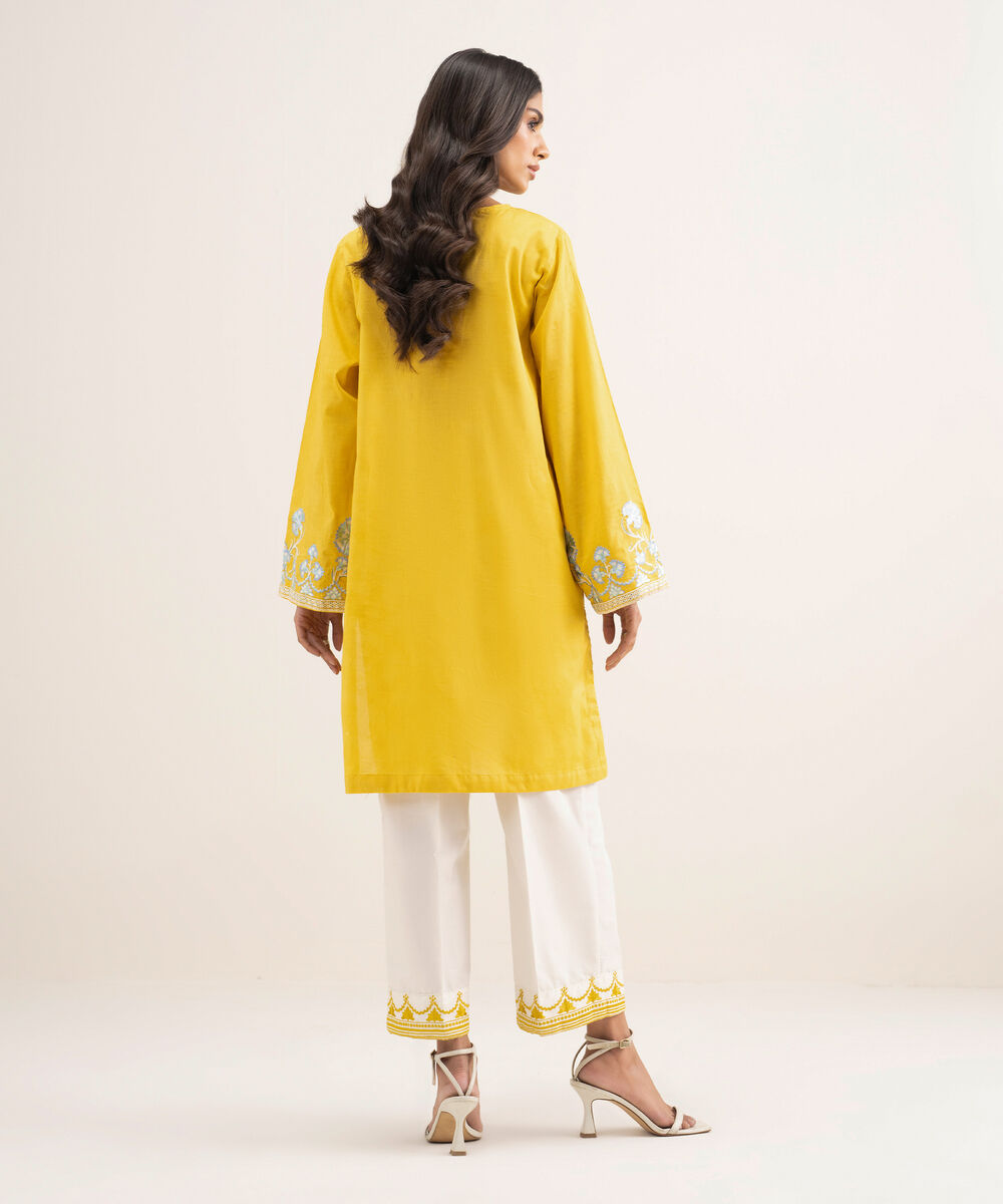 Women's RTW Self Jacquard Embroidered Yellow Straight Shirt
