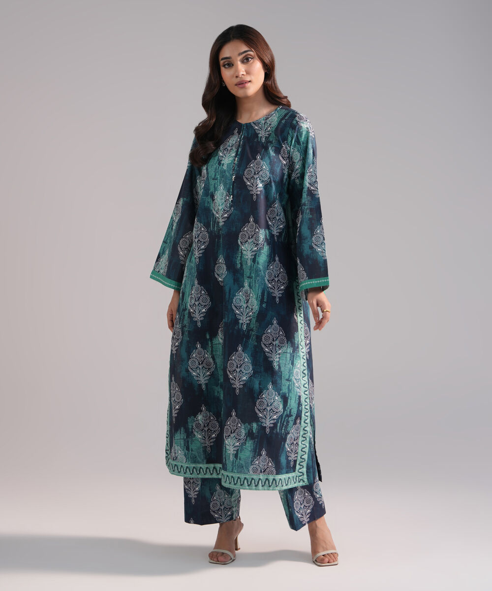 Women's RTW Slub Lawn Printed Dark Blue Straight Shirt