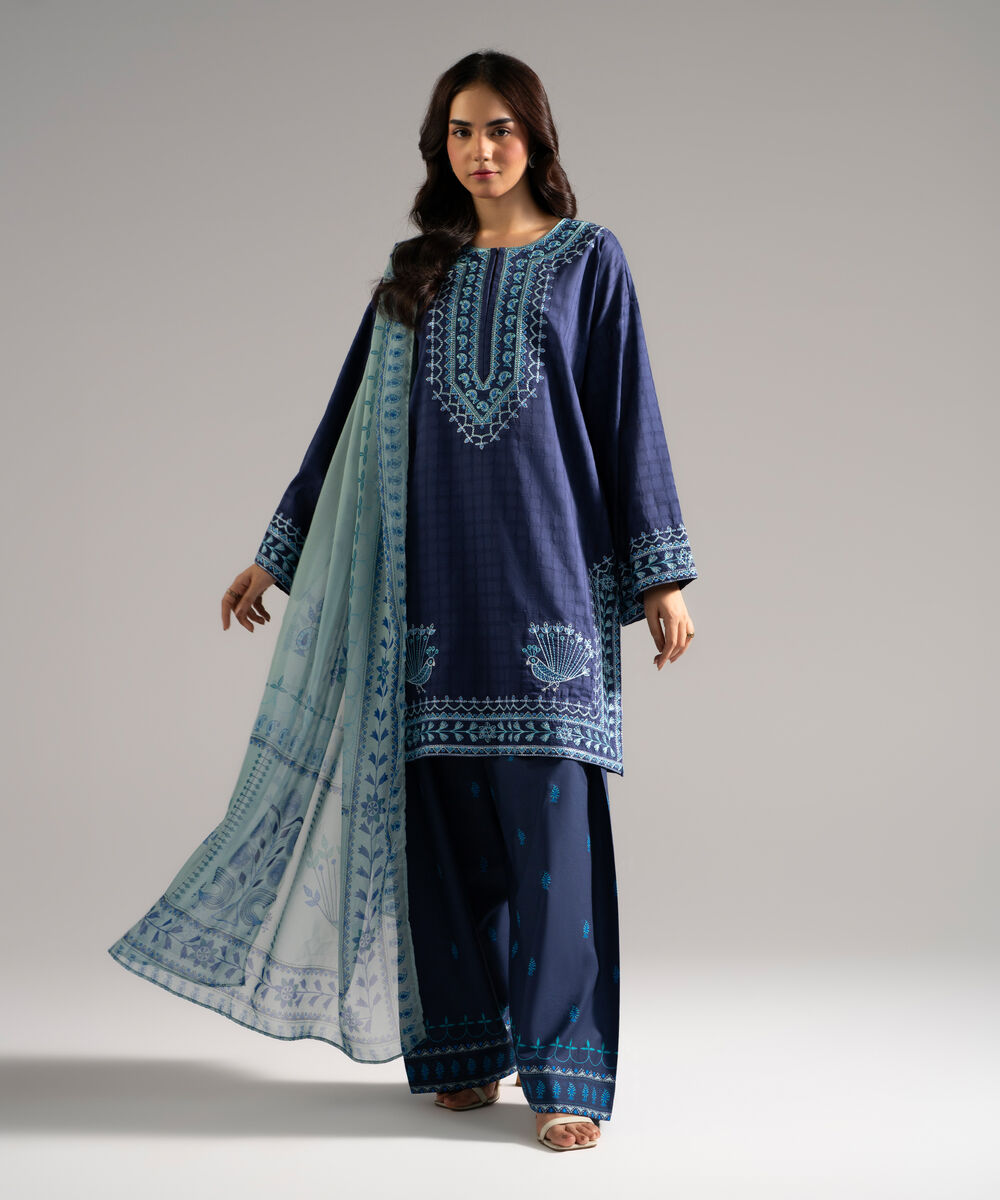 Women's RTW Dobby Embroidered Blue 3 Piece Suit