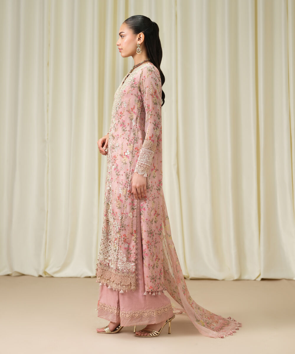 Women's Unstitched Blended Chiffon Embroidered Pink 3 Piece Suit