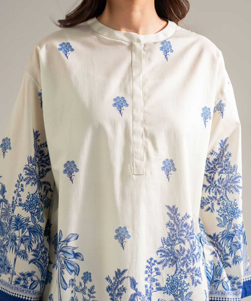 Women's RTW Slub Lawn Printed Off White Drop Shoulder Shirt