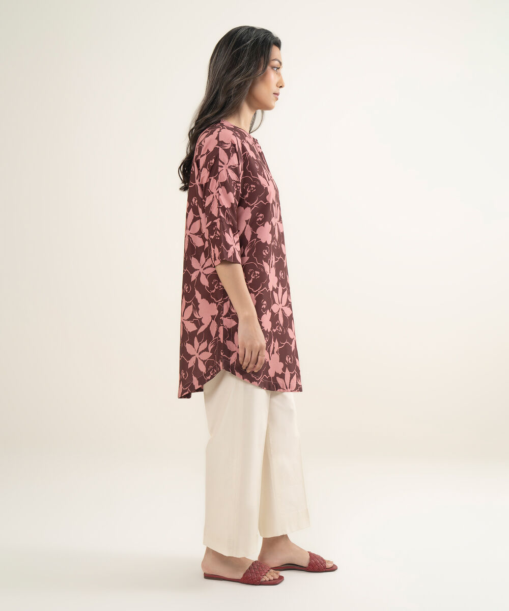 Women's RTW Arabic Cambric Printed Maroon Drop Shoulder Shirt
