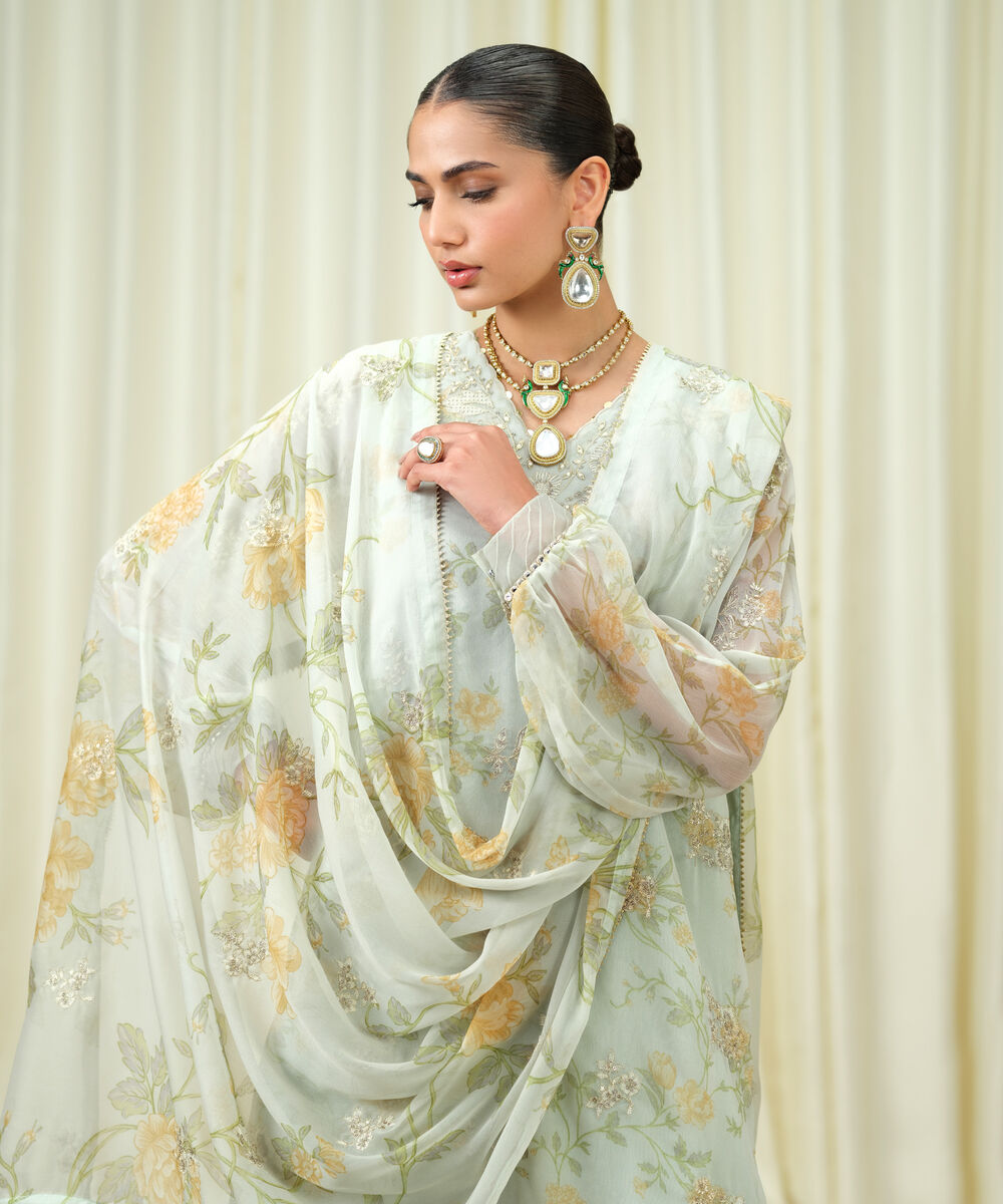 Women's Unstitched Blended Chiffon Embroidered Blue 3 Piece Suit