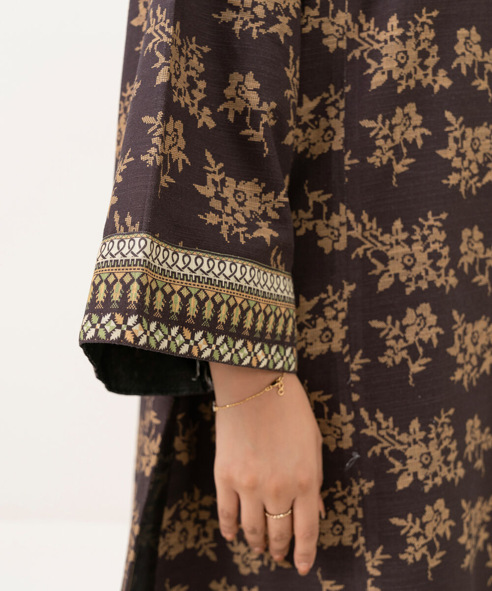 Women's Unstitched Light Khaddar Printed Brown 3 Piece Suit